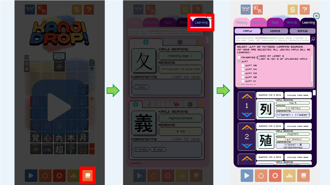 Kanji Drop Learning Menu