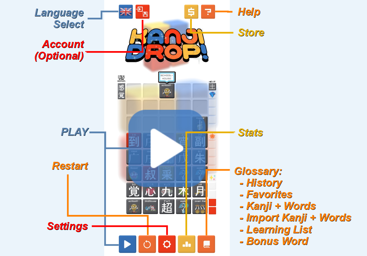 Kanji Drop Main Menu